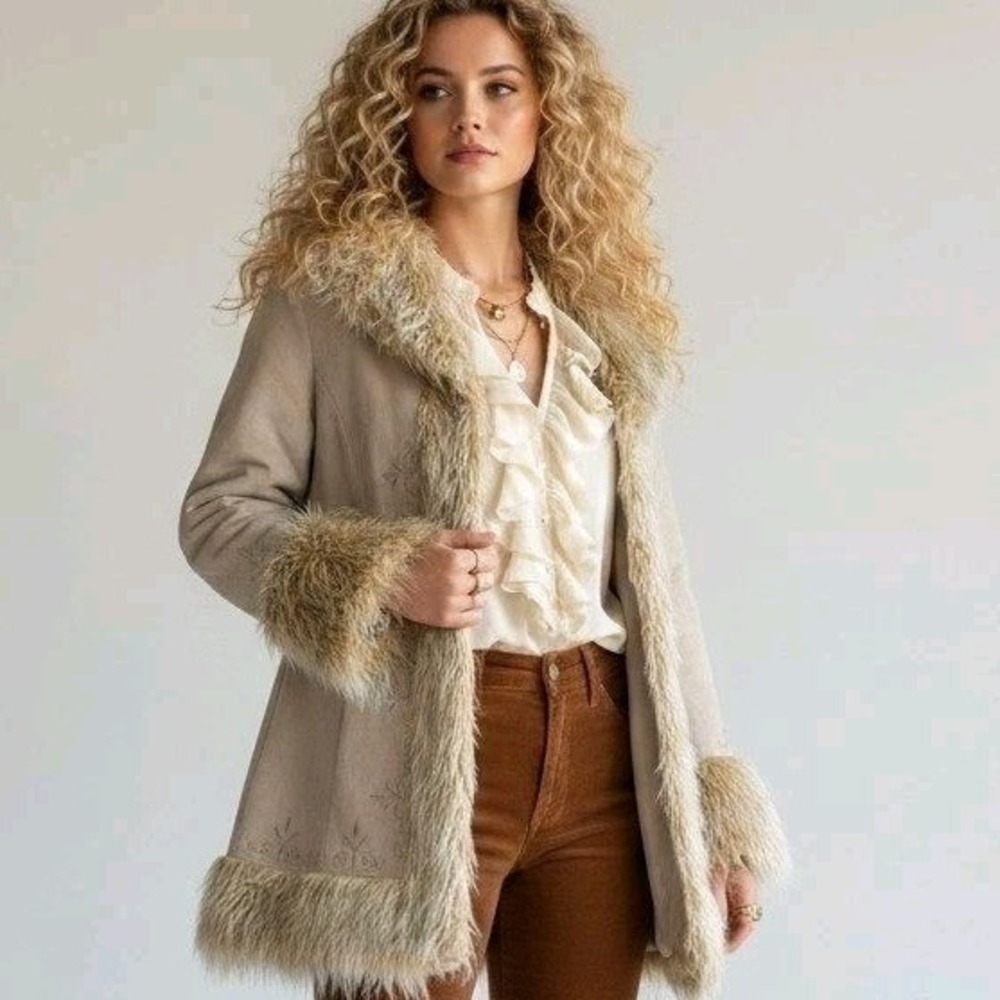 JLC New York Tan Suede Leather Penny Lane Coat Faux Fur Trim Embroidered Medium